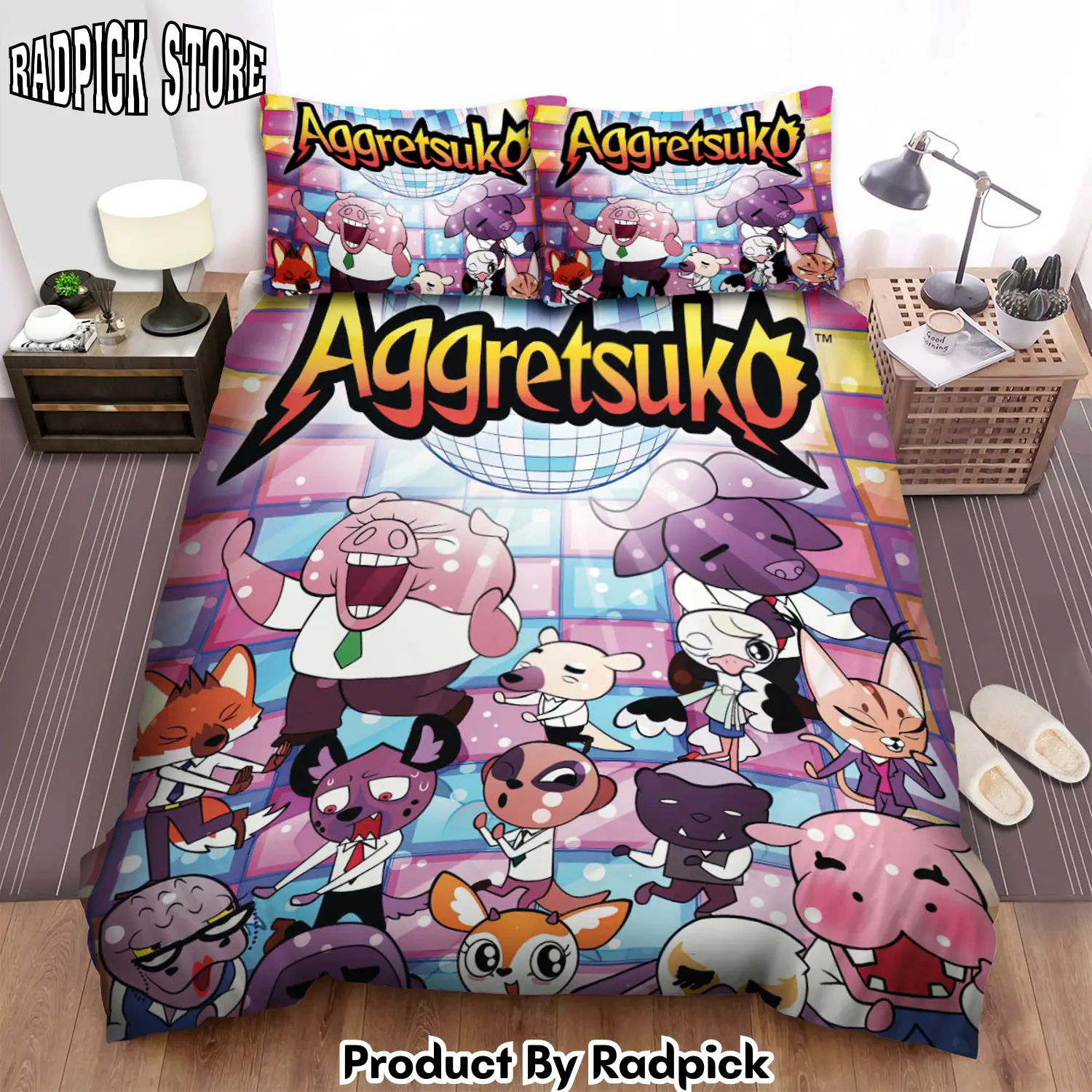 Radpick aggretsuko characters in a disco dance bar bed sheets spread duvet cover bedding sets rp3278882